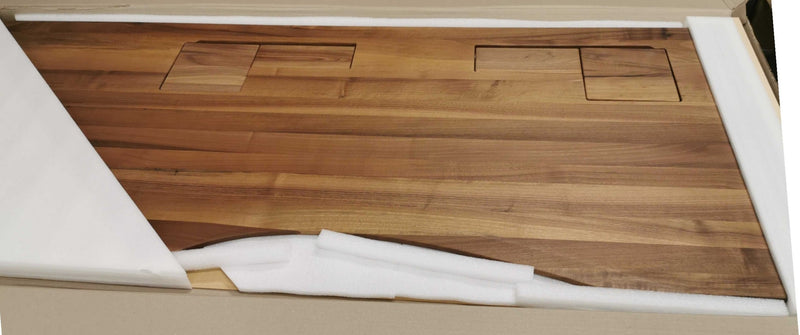 L-shaped walnut tabletop with cable management unit