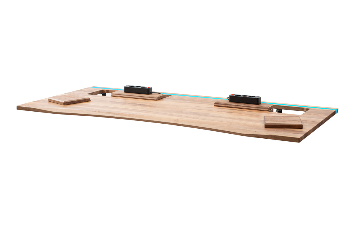 Walnut desk top with epoxy LED light and extended cable management unit