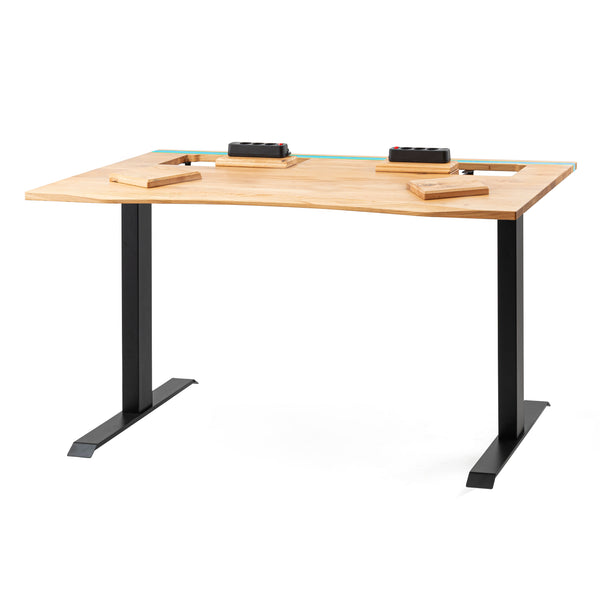 Oak desk with epoxy LED light and extended cable management unit