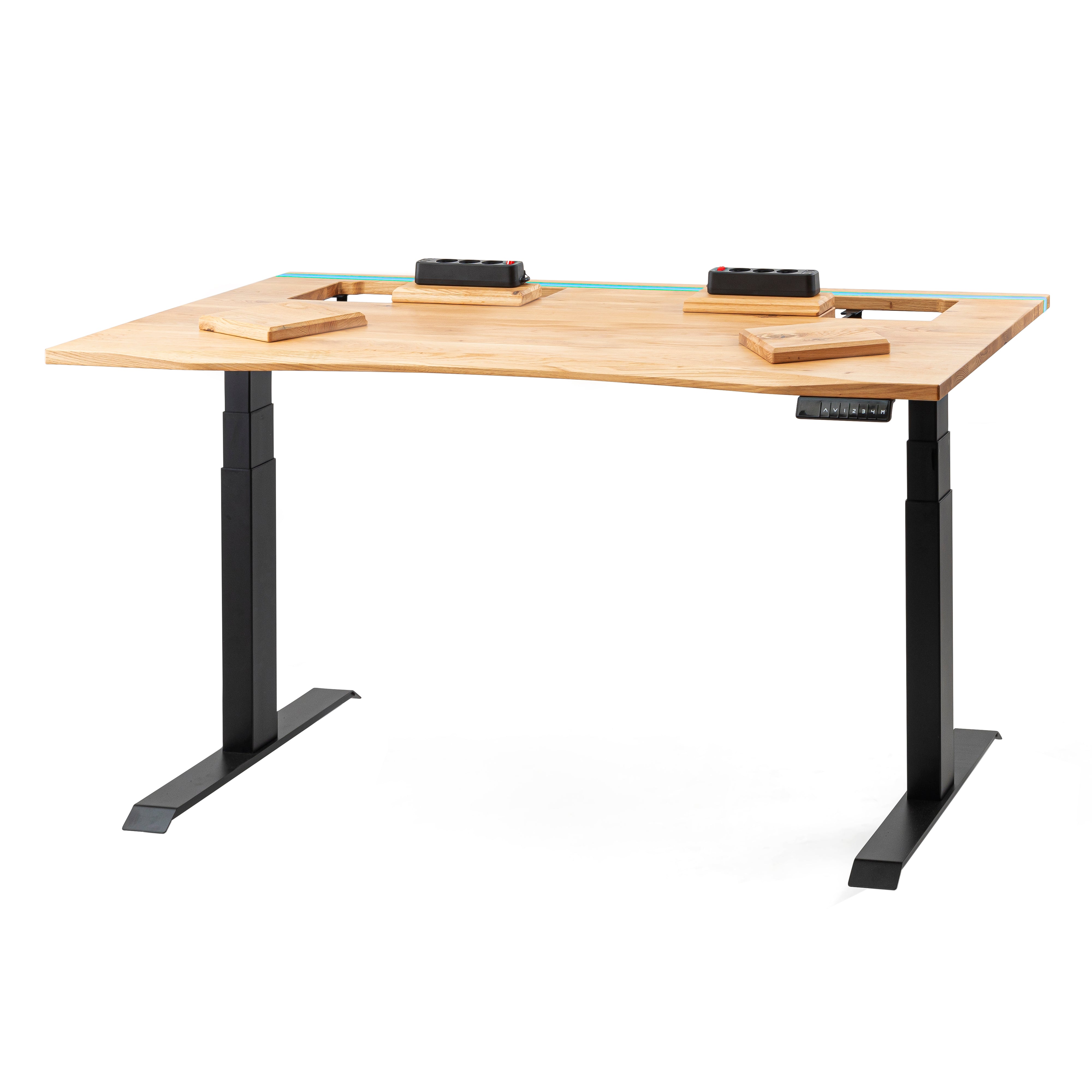 Oak standing desk with epoxy LED light and extended cable management unit