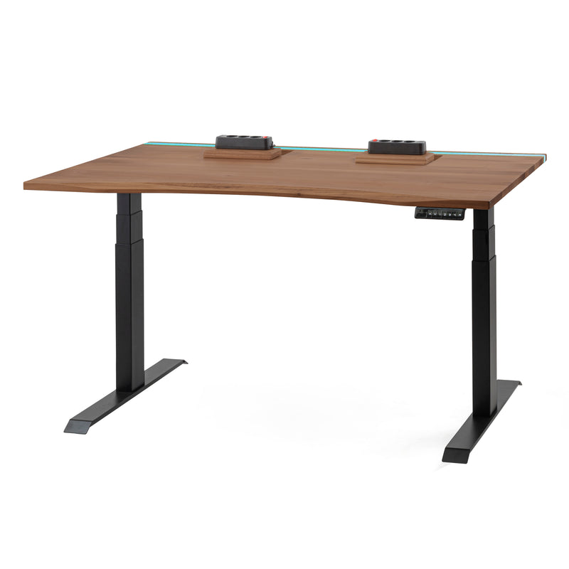 Höhenverstellbarer Schreibtisch mit Epoxid-LED-Licht und Kabelkanal (Nussbaum, massiv)