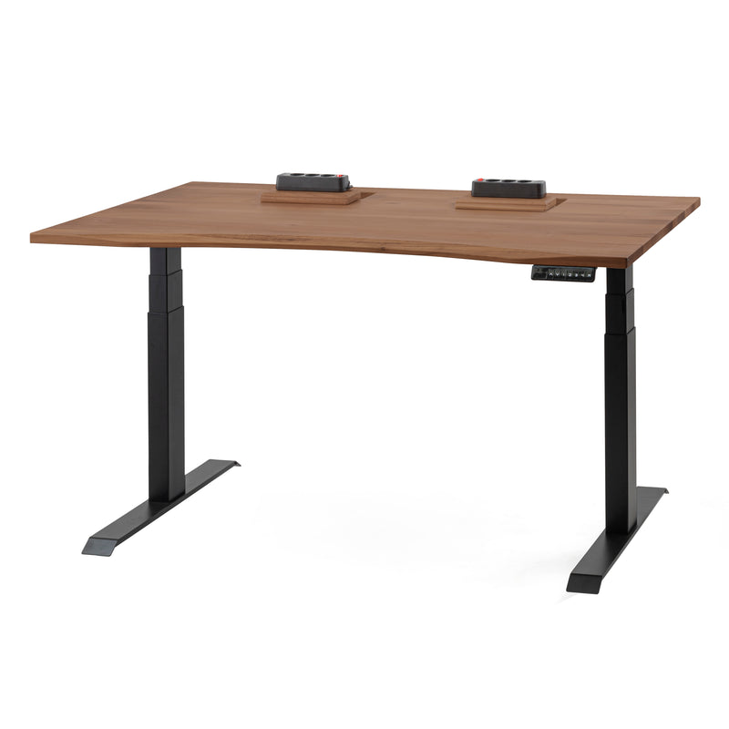 Höhenverstellbarer Schreibtisch mit Kabelkanal (Nussbaum, massiv)