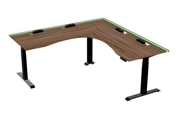 L shaped corner sit-stand desk with epoxy LED light and cable management unit