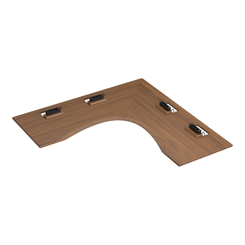 Walnut L-shaped desk top with cable management unit