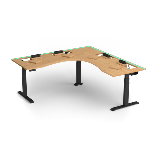 Dubový stojaci rohový stôl s epoxidovým LED svetlom a rozšírenou organizáciou káblov, 200×80 cm, ergonomická hrana