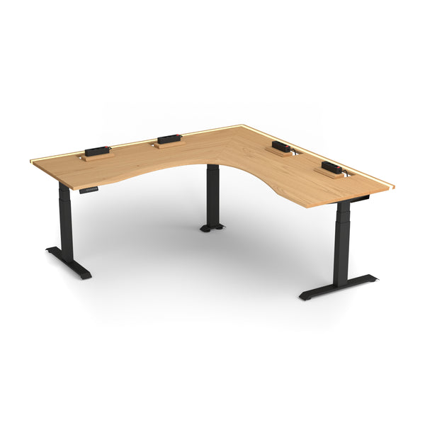 Oak standing corner desk with cable management and epoxy LED light, 200×80 cm, ergonomic edge