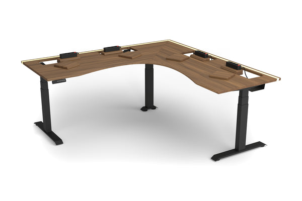 Walnut standing corner desk with extended cable management and epoxy LED light, 200×80 cm, ergonomic edge