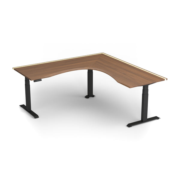 Walnut standing corner desk and epoxy LED light, 200×80 cm, ergonomic edge