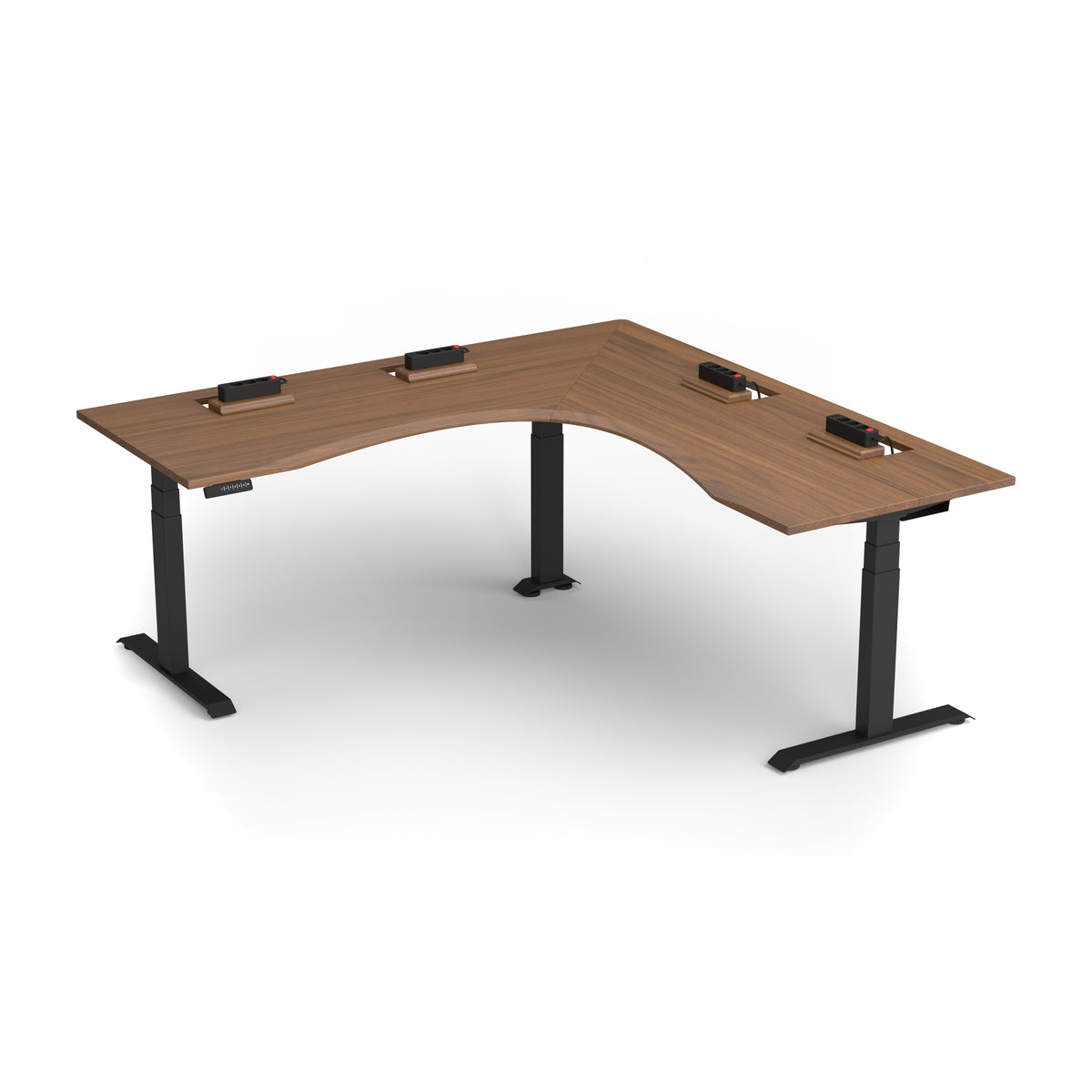 Ořechový polohovací stůl ve tvaru L s organizérem kabelů, 200×80 cm, ergonomická hrana