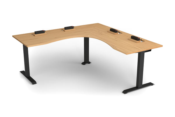 Hjørneskrivebord i egetræ med kabelbakke, 200×80 cm, ergonomisk kant