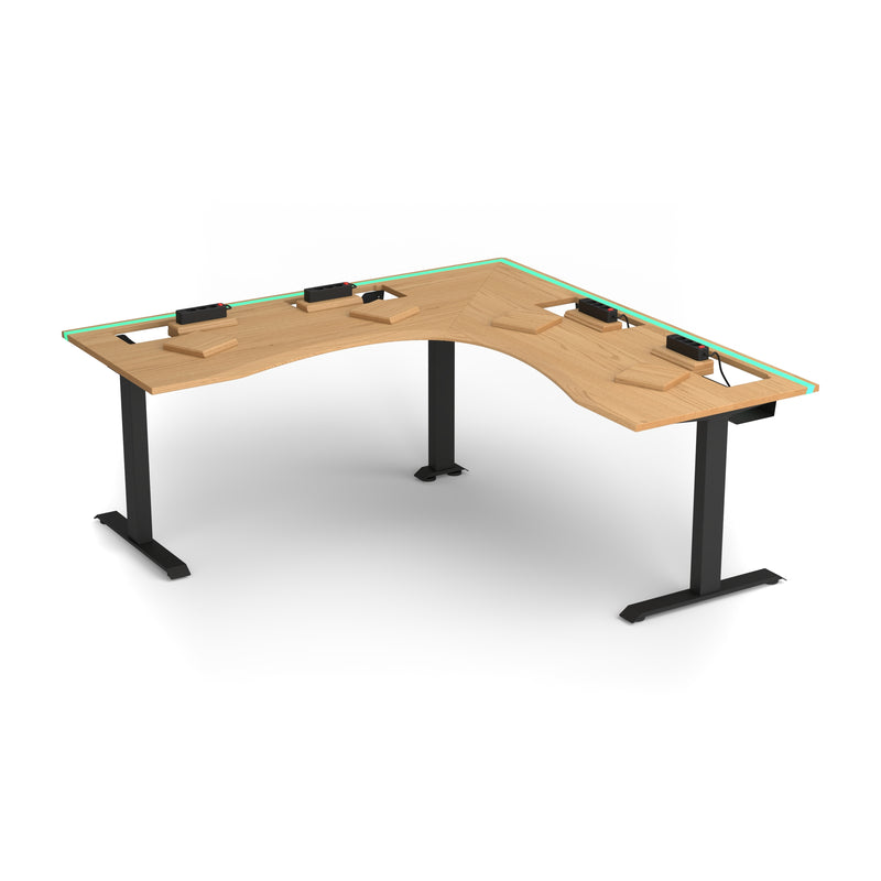 Oak L-shaped desk with epoxy LED light and extended cable management unit