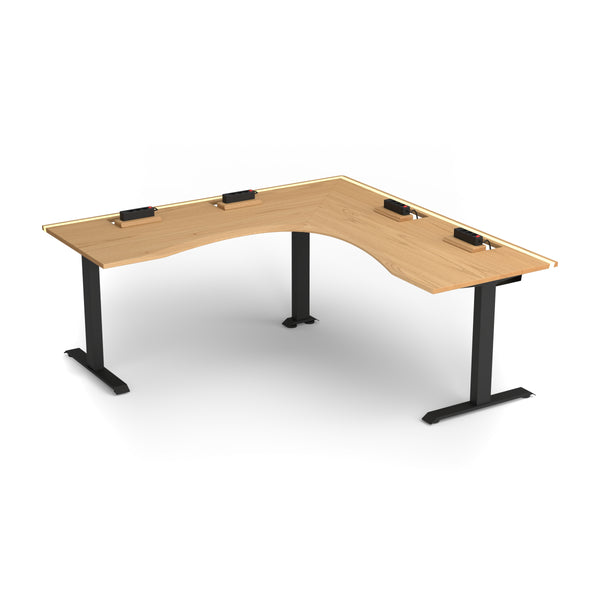 Oak corner desk with cable management and epoxy LED light, 200×80 cm, ergonomic edge