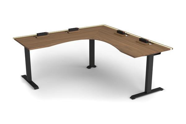 Hjørneskrivebord i valnød med epoxy-LED-lys og kabelbakke, 200×80 cm, ergonomisk kant