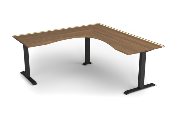 Diófa sarokasztal epoxi LED lámpával, 200×80 cm, ergonomikus perem