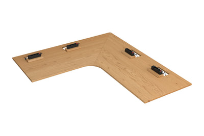 L-shaped oak tabletop with cable management unit